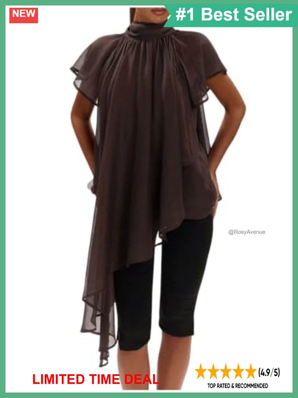 Chiffon Ruffle Flowy Tie Neck Asymmetrical Blouse Mock Neck Short Sleeve